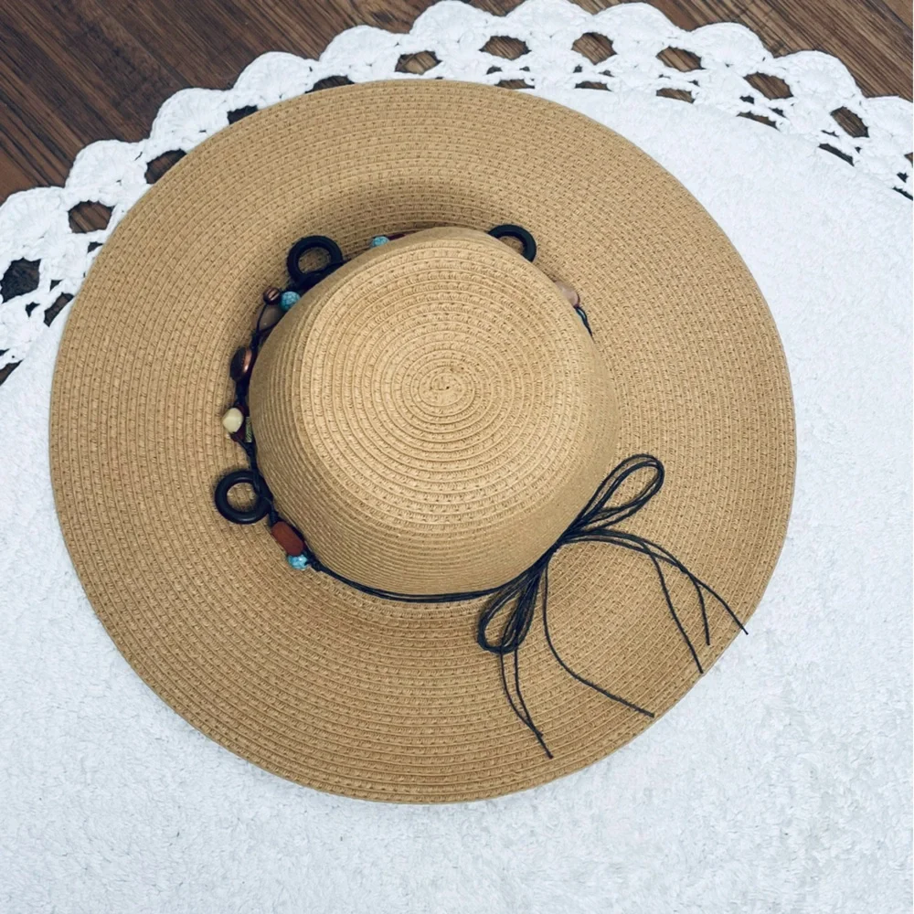 Royal Resortwear woven beaded turquoise and wood leather lace Sun hat for Sumner